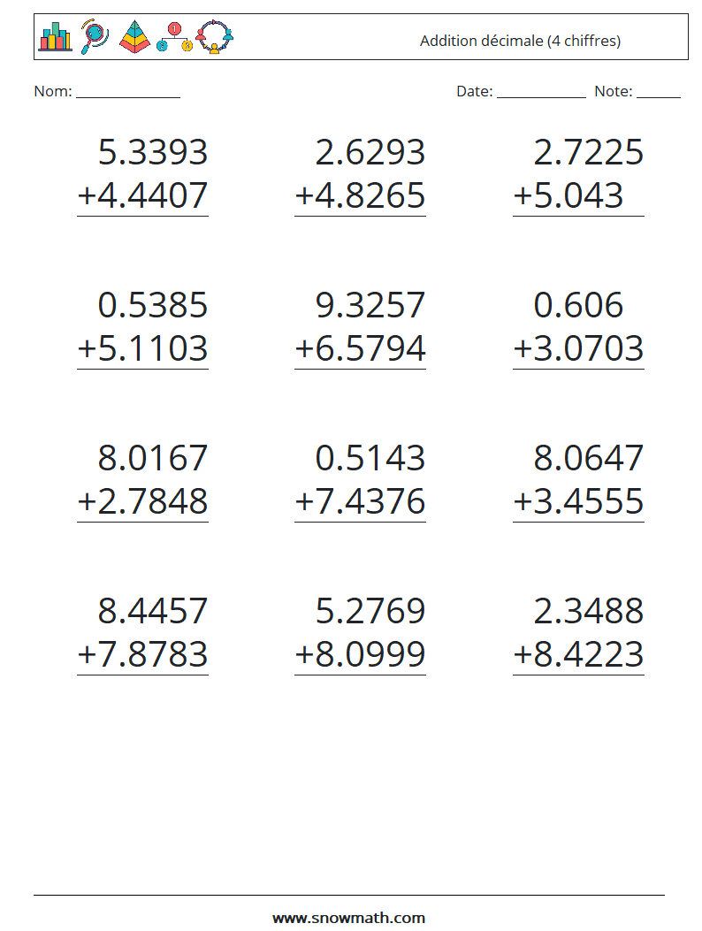 (12) Addition décimale (4 chiffres) Fiches d'Exercices de Mathématiques 13