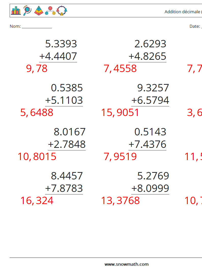 (12) Addition décimale (4 chiffres) Fiches d'Exercices de Mathématiques 13 Question, Réponse