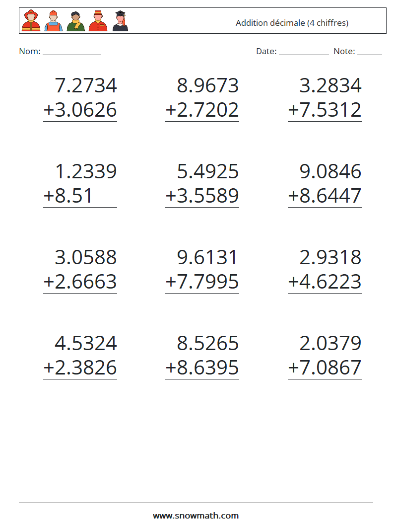 (12) Addition décimale (4 chiffres) Fiches d'Exercices de Mathématiques 14