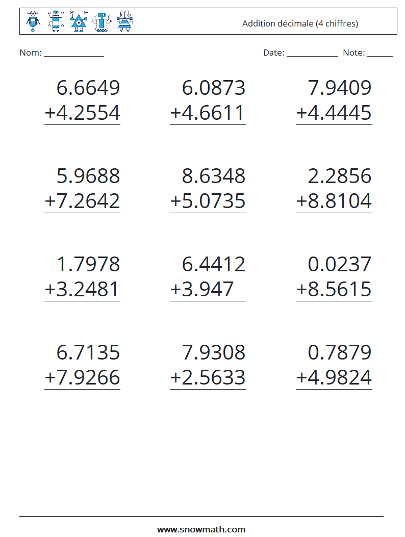 (12) Addition décimale (4 chiffres) Fiches d'Exercices de Mathématiques 15