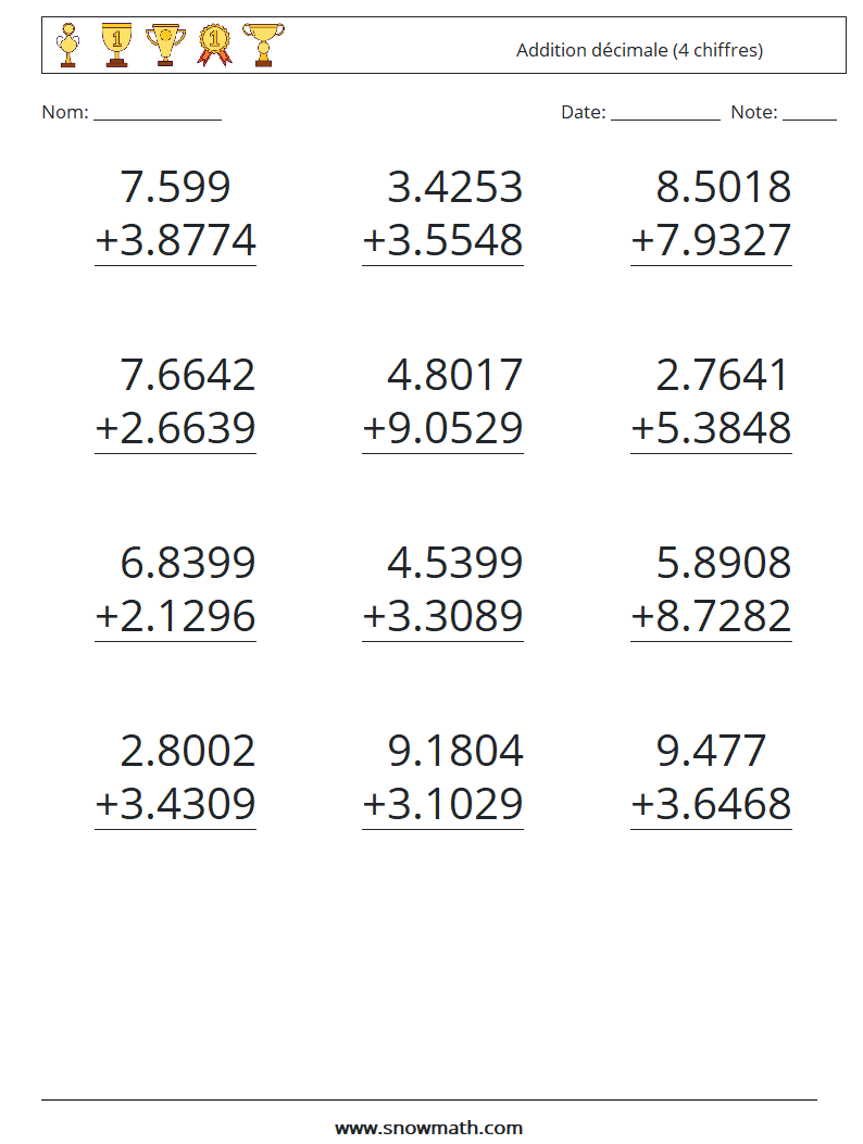 (12) Addition décimale (4 chiffres) Fiches d'Exercices de Mathématiques 16