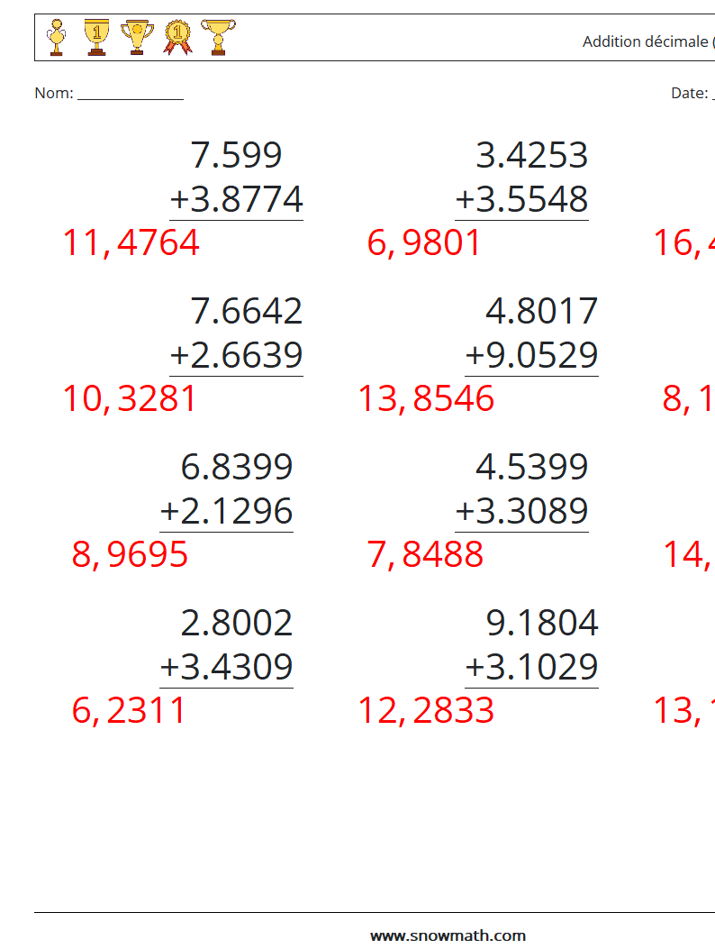 (12) Addition décimale (4 chiffres) Fiches d'Exercices de Mathématiques 16 Question, Réponse