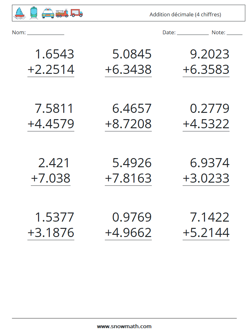 (12) Addition décimale (4 chiffres) Fiches d'Exercices de Mathématiques 17