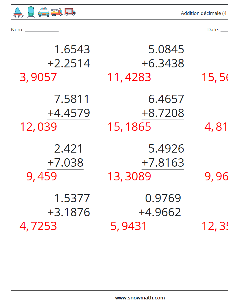 (12) Addition décimale (4 chiffres) Fiches d'Exercices de Mathématiques 17 Question, Réponse