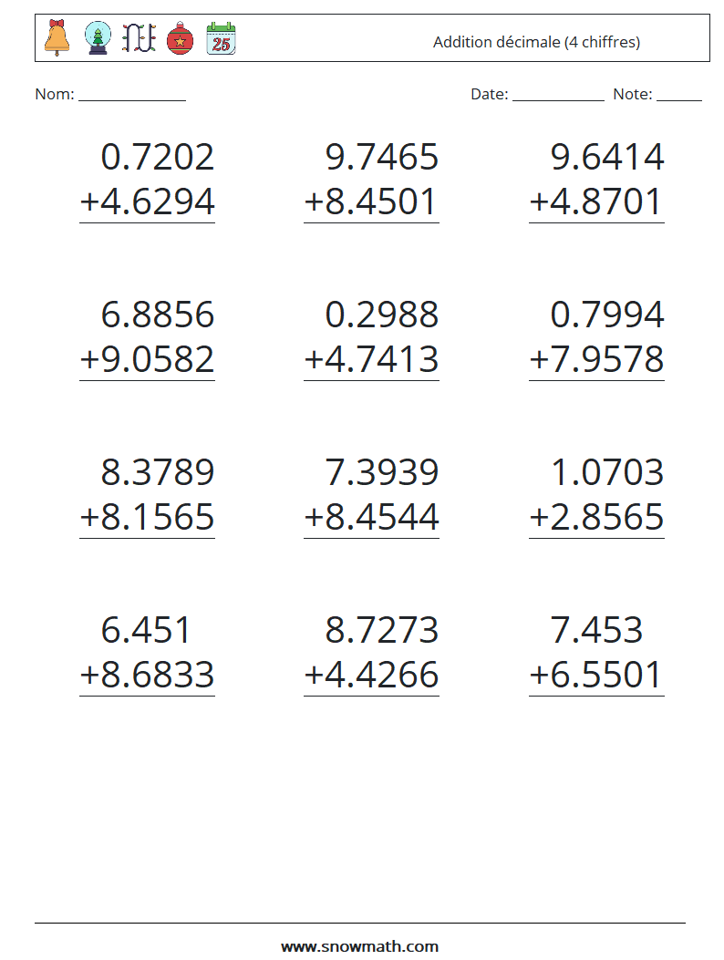 (12) Addition décimale (4 chiffres) Fiches d'Exercices de Mathématiques 18