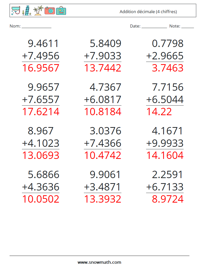 (12) Addition décimale (4 chiffres) Fiches d'Exercices de Mathématiques 1 Question, Réponse