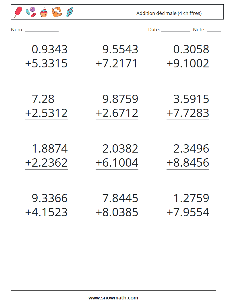 (12) Addition décimale (4 chiffres) Fiches d'Exercices de Mathématiques 2