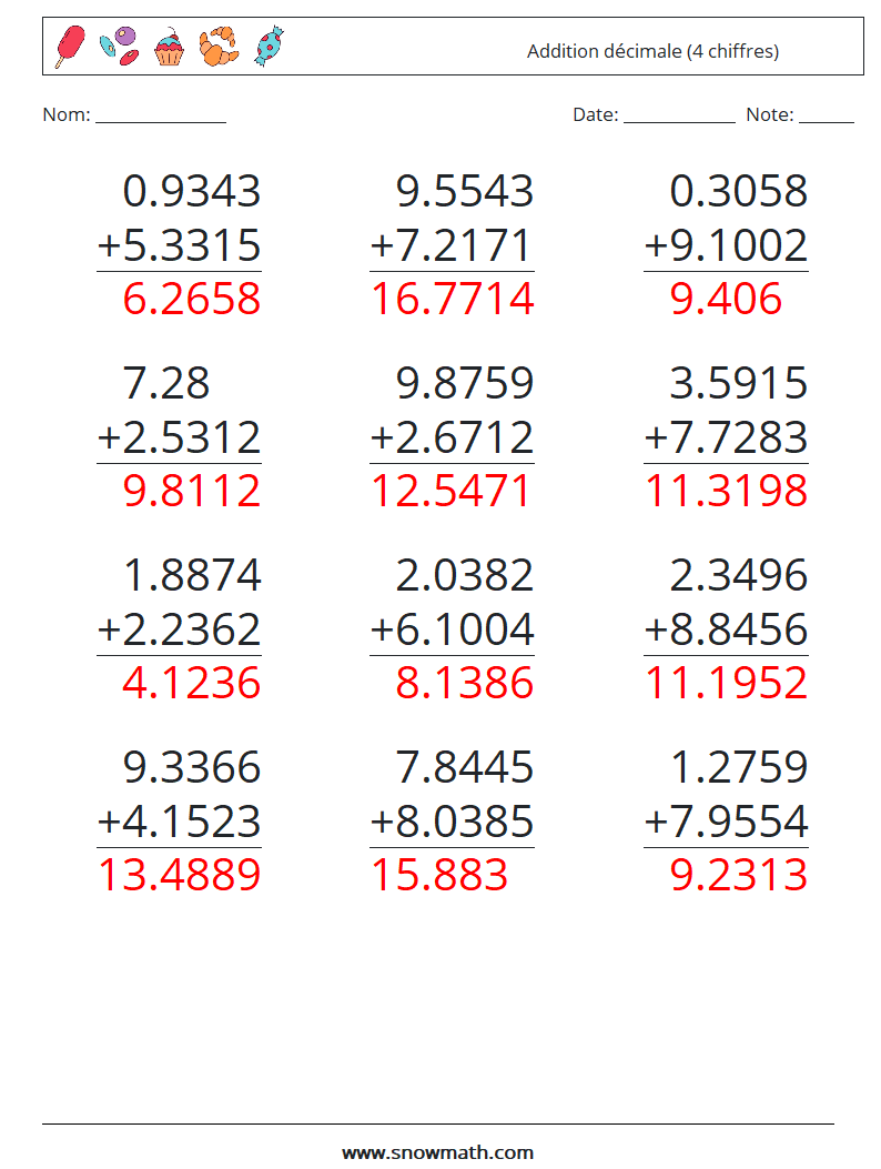 (12) Addition décimale (4 chiffres) Fiches d'Exercices de Mathématiques 2 Question, Réponse
