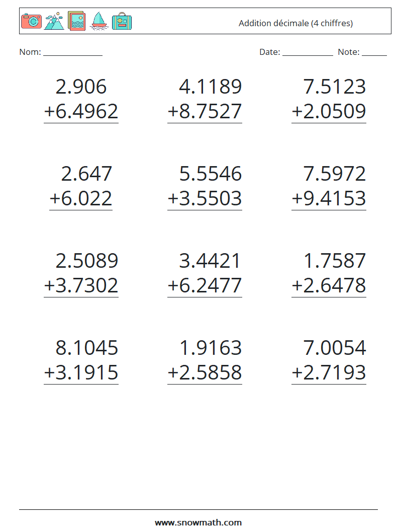 (12) Addition décimale (4 chiffres) Fiches d'Exercices de Mathématiques 3