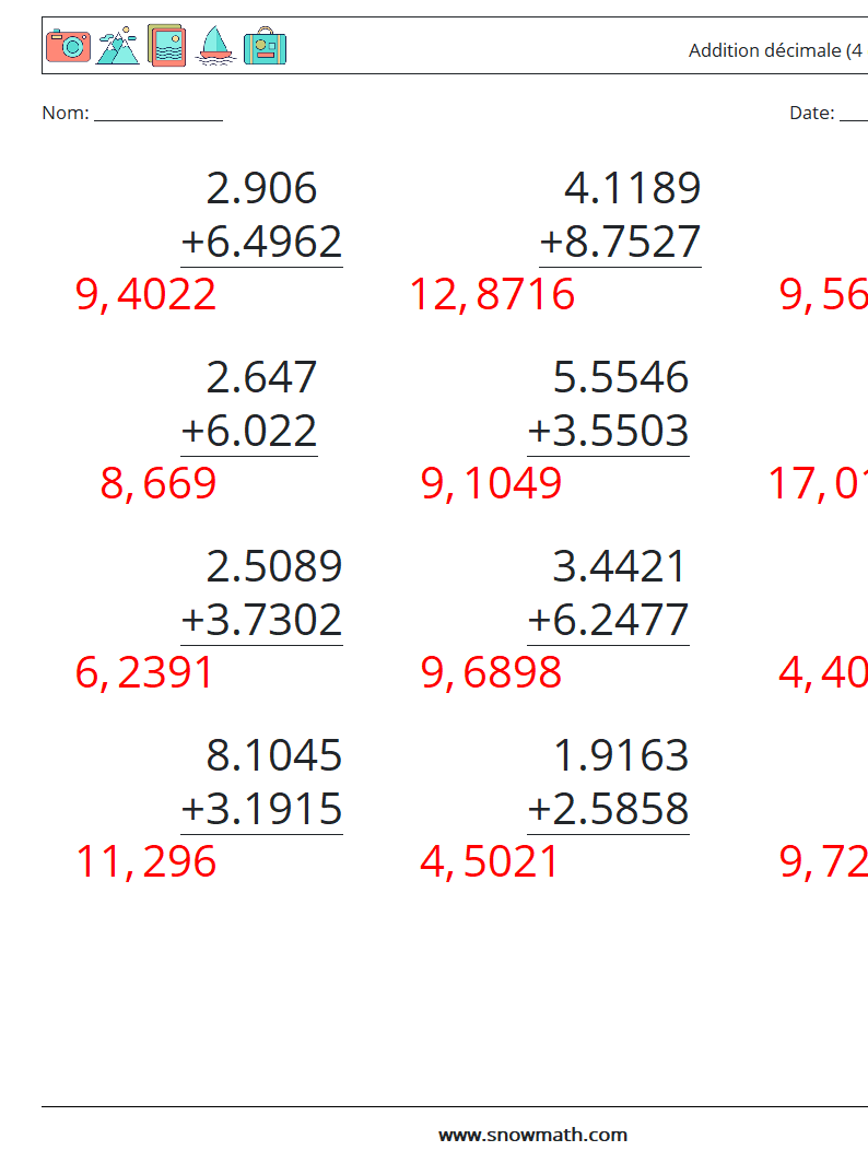 (12) Addition décimale (4 chiffres) Fiches d'Exercices de Mathématiques 3 Question, Réponse