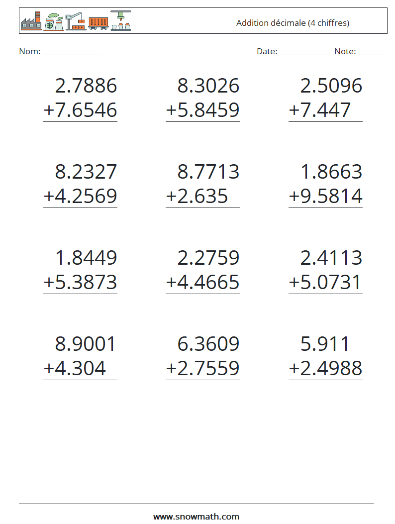 (12) Addition décimale (4 chiffres) Fiches d'Exercices de Mathématiques 4