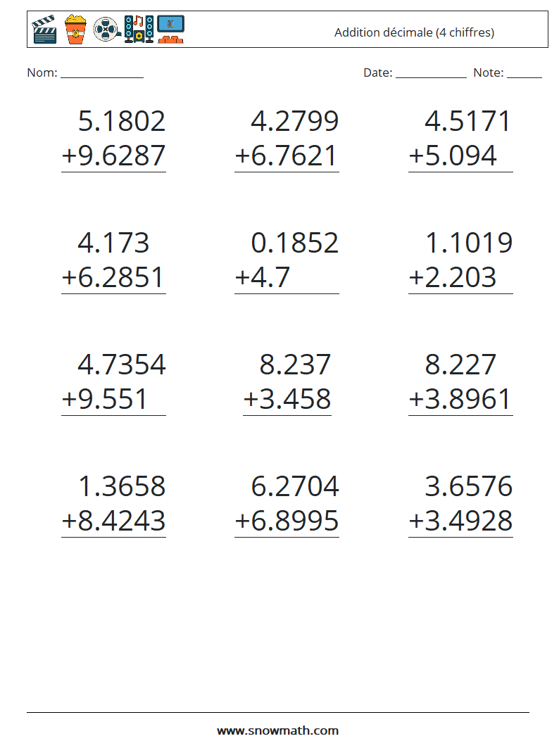 (12) Addition décimale (4 chiffres) Fiches d'Exercices de Mathématiques 5