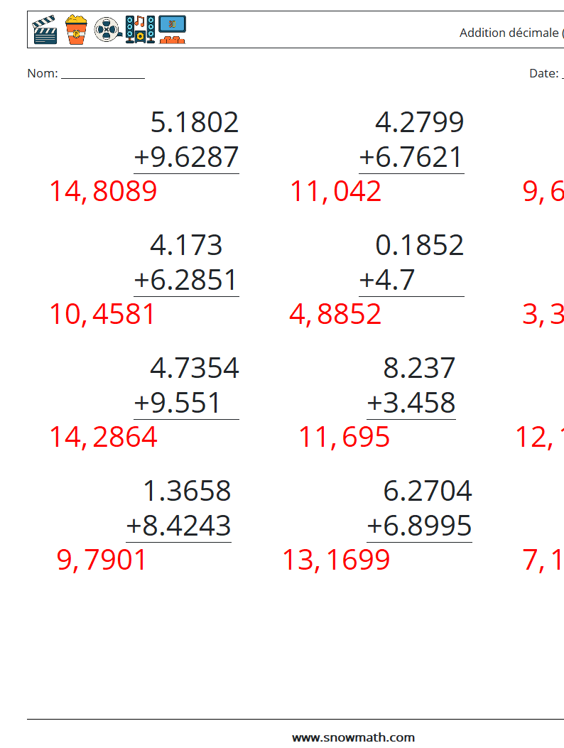 (12) Addition décimale (4 chiffres) Fiches d'Exercices de Mathématiques 5 Question, Réponse