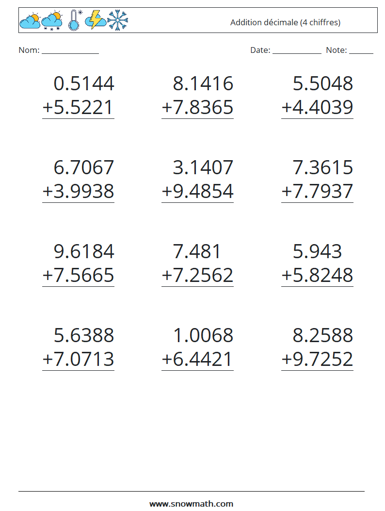 (12) Addition décimale (4 chiffres) Fiches d'Exercices de Mathématiques 6