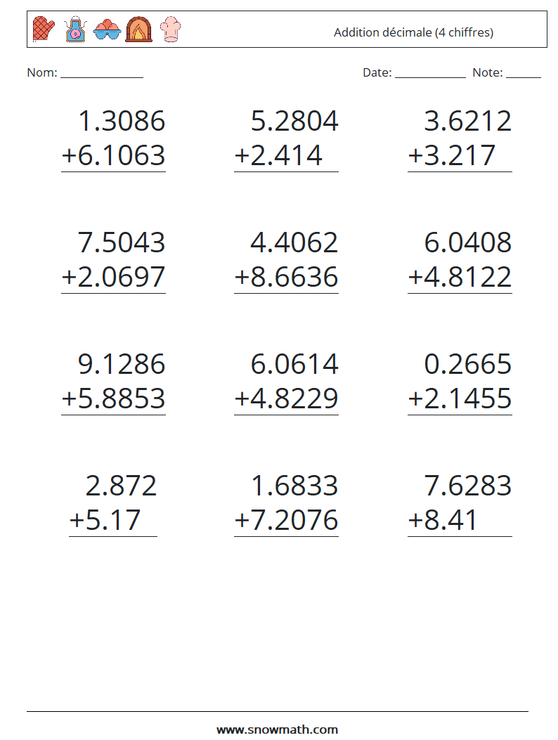 (12) Addition décimale (4 chiffres) Fiches d'Exercices de Mathématiques 7