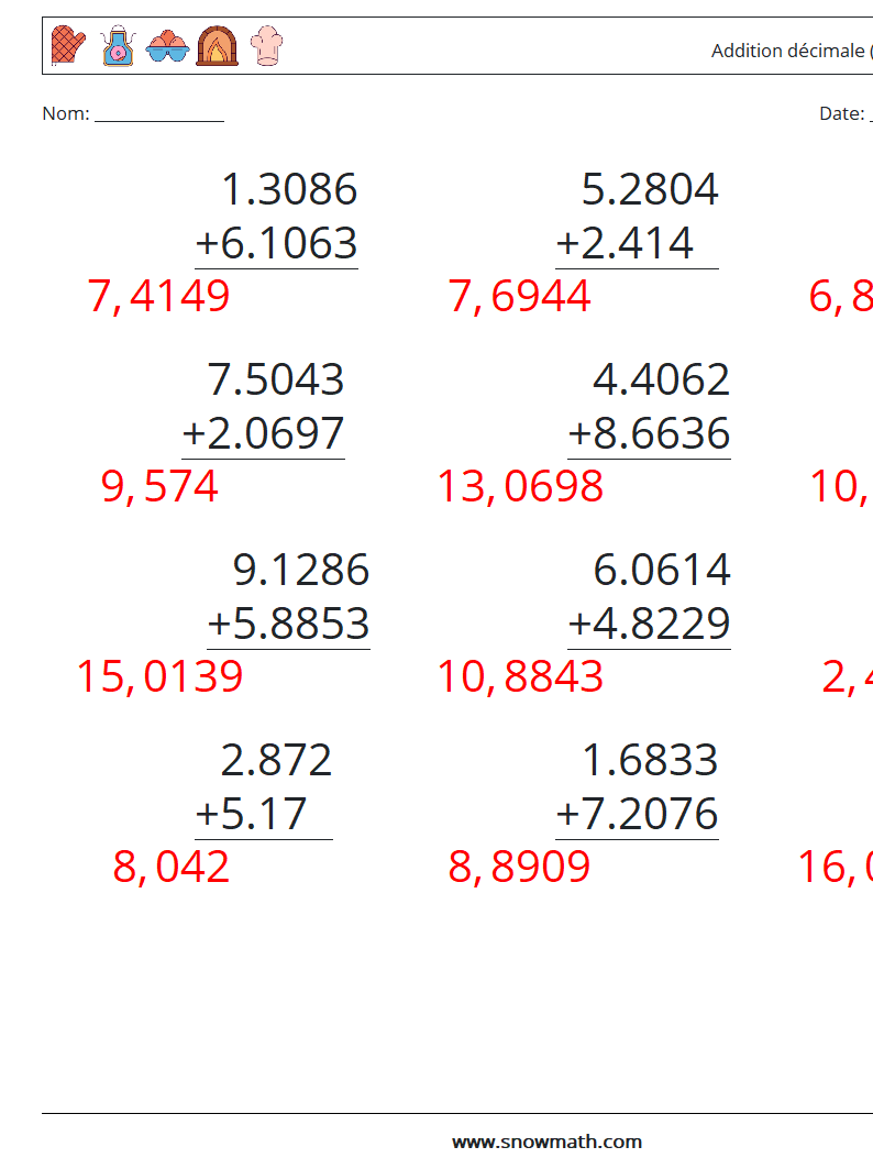 (12) Addition décimale (4 chiffres) Fiches d'Exercices de Mathématiques 7 Question, Réponse