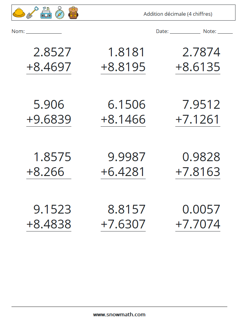 (12) Addition décimale (4 chiffres) Fiches d'Exercices de Mathématiques 8