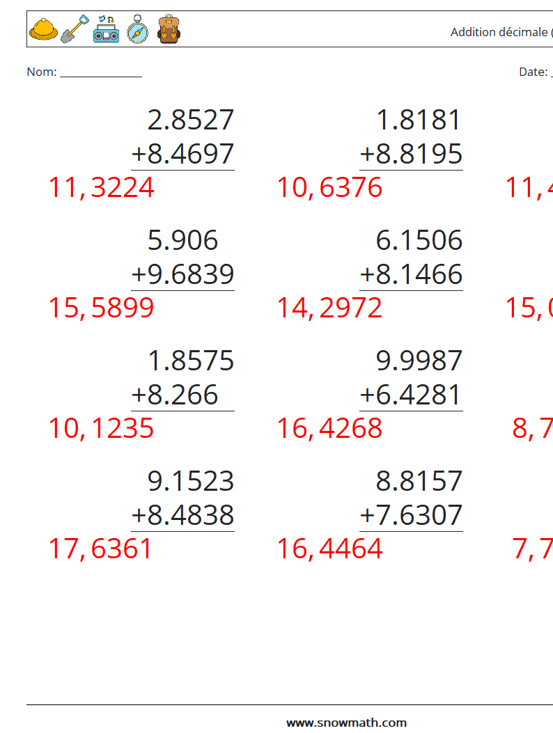 (12) Addition décimale (4 chiffres) Fiches d'Exercices de Mathématiques 8 Question, Réponse