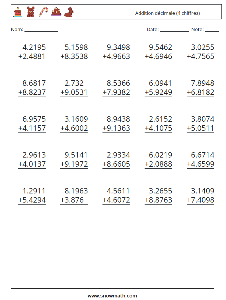 (25) Addition décimale (4 chiffres) Fiches d'Exercices de Mathématiques 11