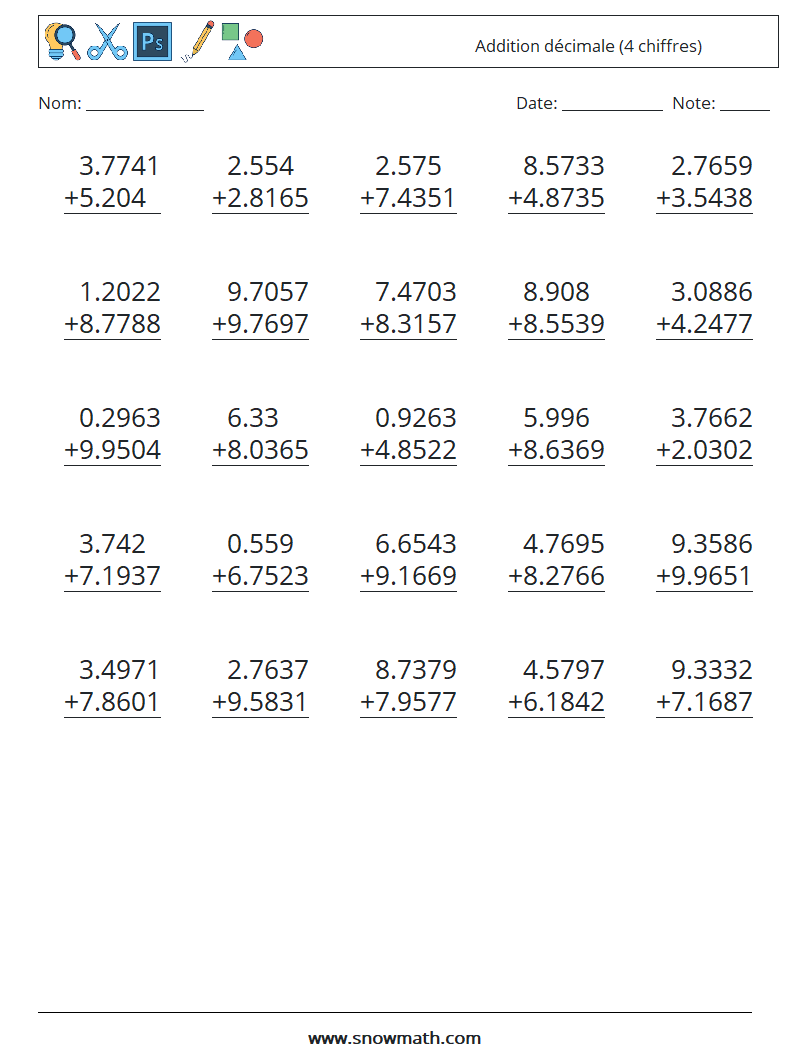 (25) Addition décimale (4 chiffres) Fiches d'Exercices de Mathématiques 15