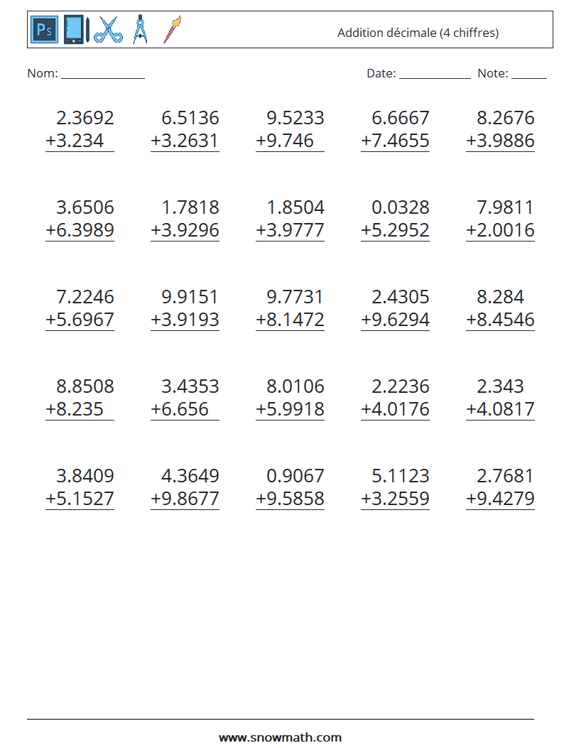 (25) Addition décimale (4 chiffres) Fiches d'Exercices de Mathématiques 16