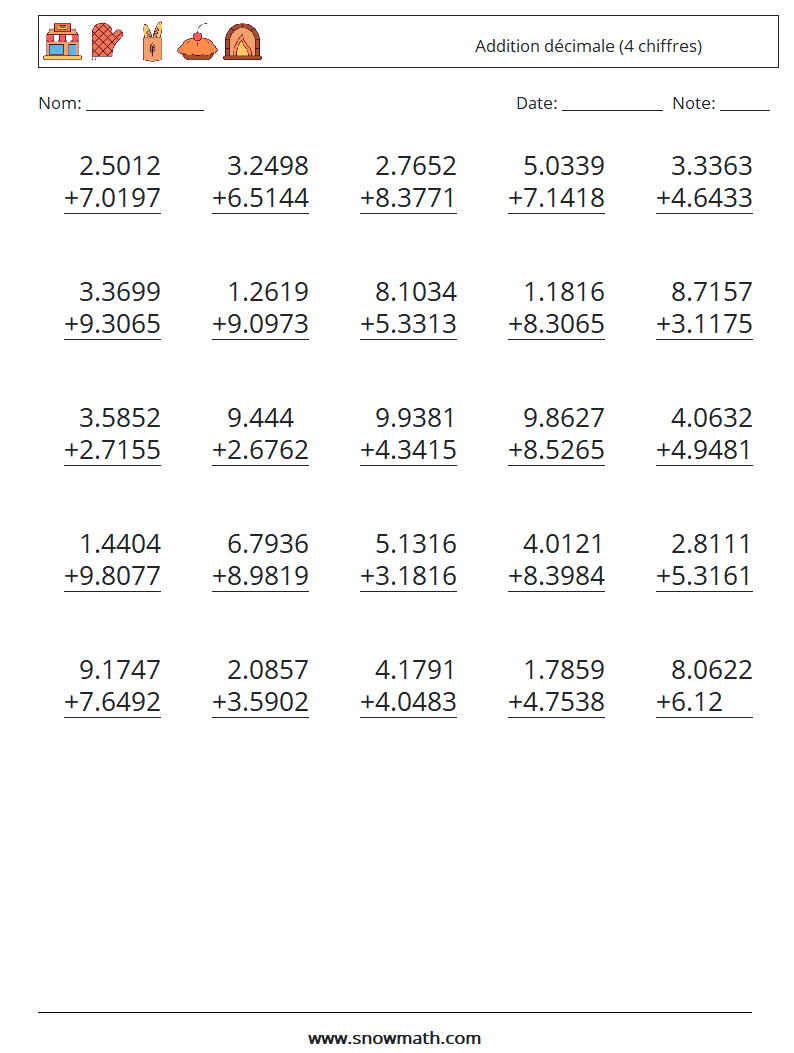 (25) Addition décimale (4 chiffres) Fiches d'Exercices de Mathématiques 17