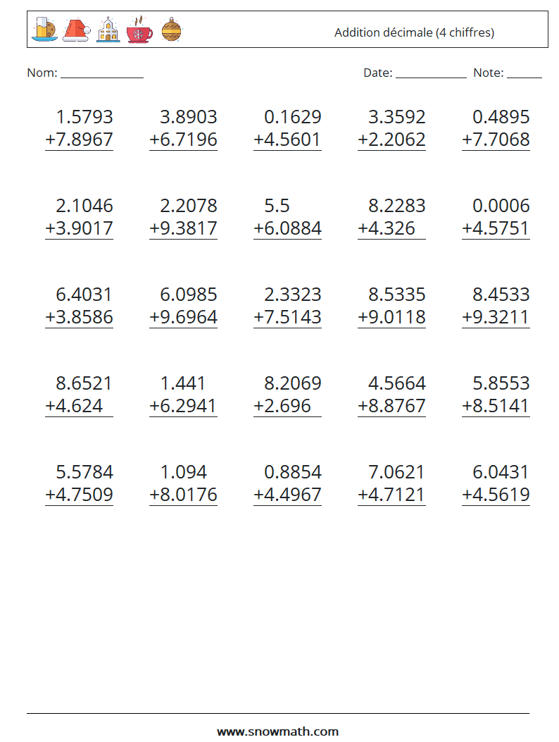 (25) Addition décimale (4 chiffres) Fiches d'Exercices de Mathématiques 18