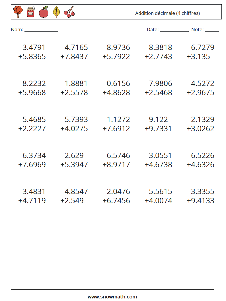 (25) Addition décimale (4 chiffres) Fiches d'Exercices de Mathématiques 2