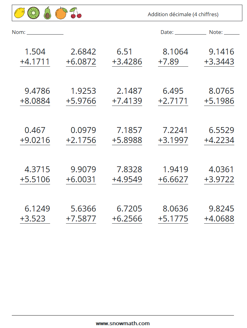 (25) Addition décimale (4 chiffres) Fiches d'Exercices de Mathématiques 4