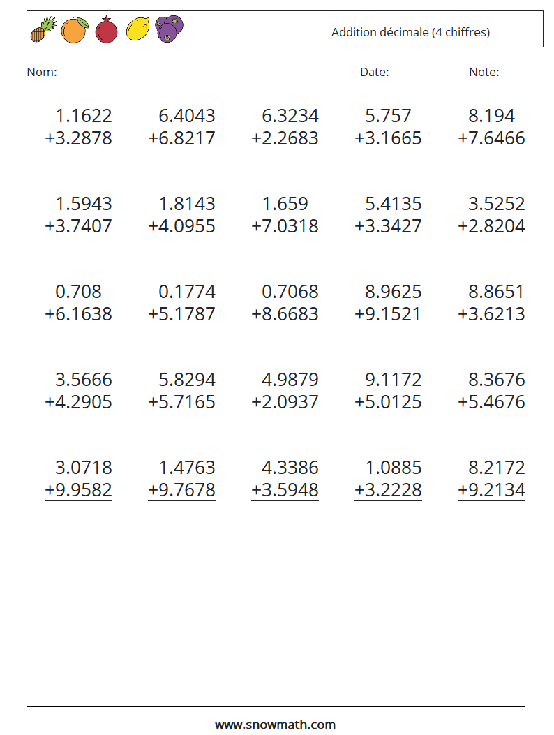 (25) Addition décimale (4 chiffres) Fiches d'Exercices de Mathématiques 6