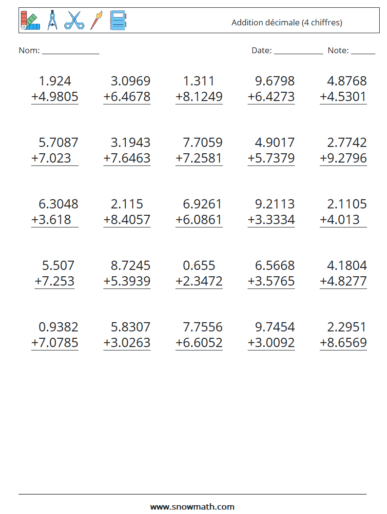 (25) Addition décimale (4 chiffres) Fiches d'Exercices de Mathématiques 8