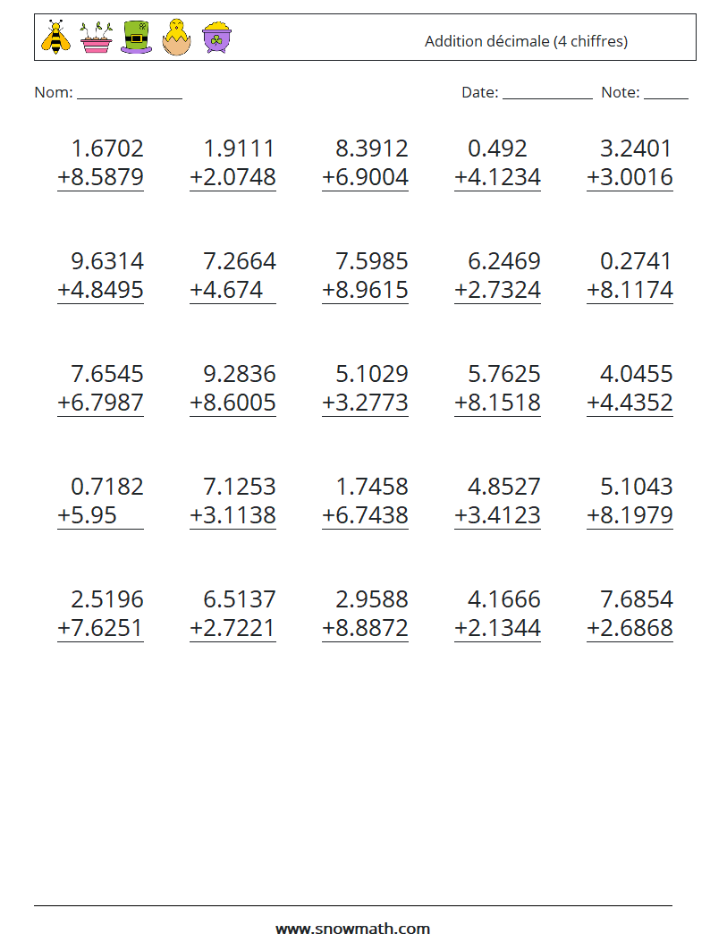 (25) Addition décimale (4 chiffres) Fiches d'Exercices de Mathématiques 9