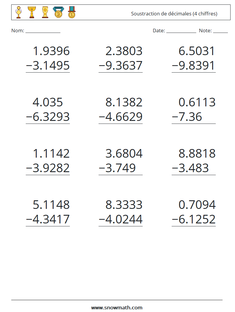 (12) Soustraction de décimales (4 chiffres) Fiches d'Exercices de Mathématiques 1