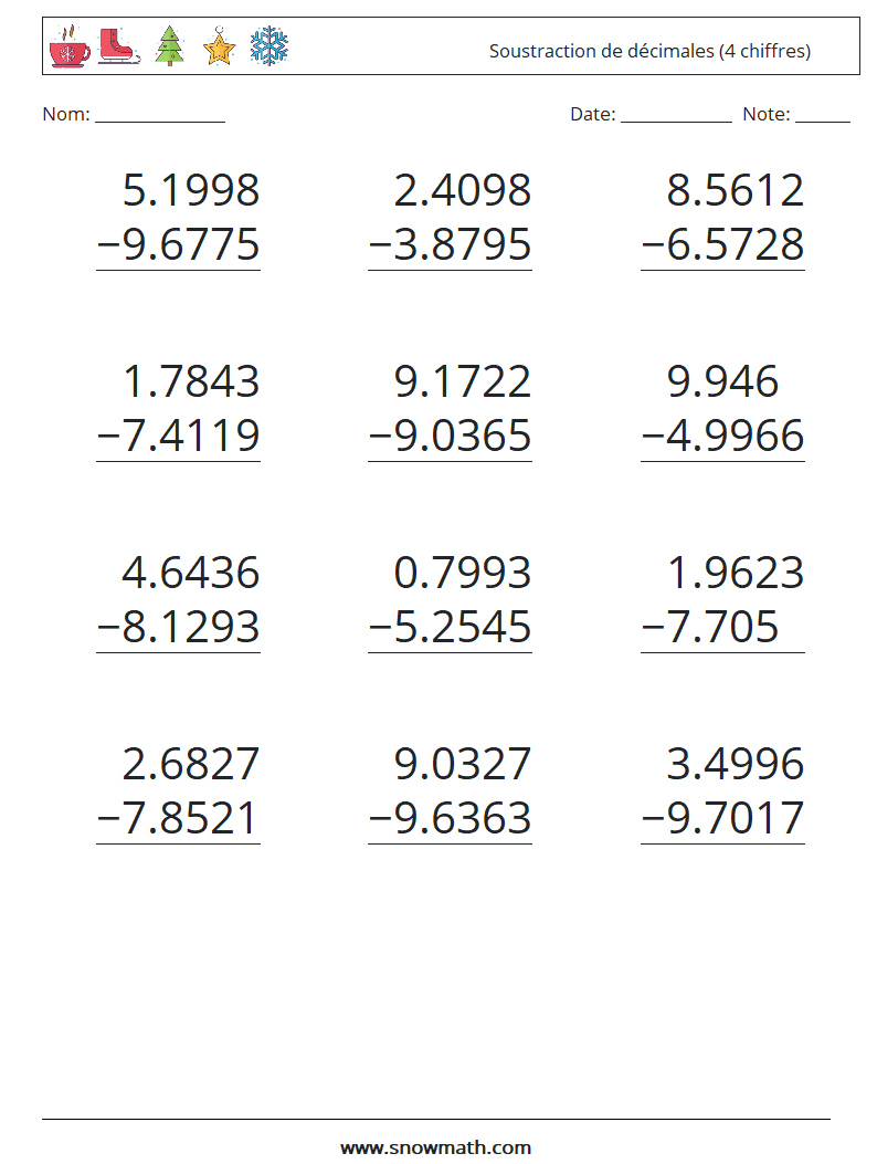 (12) Soustraction de décimales (4 chiffres) Fiches d'Exercices de Mathématiques 10