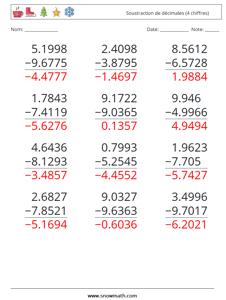 (12) Soustraction de décimales (4 chiffres) Fiches d'Exercices de Mathématiques 10 Question, Réponse