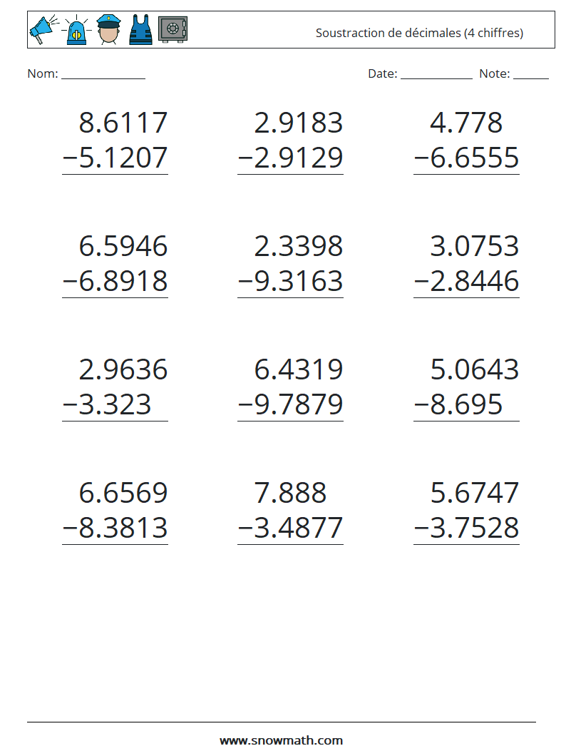 (12) Soustraction de décimales (4 chiffres) Fiches d'Exercices de Mathématiques 11