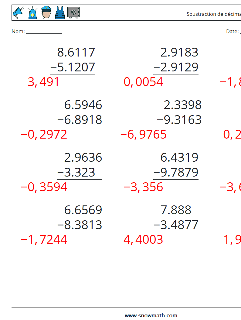 (12) Soustraction de décimales (4 chiffres) Fiches d'Exercices de Mathématiques 11 Question, Réponse
