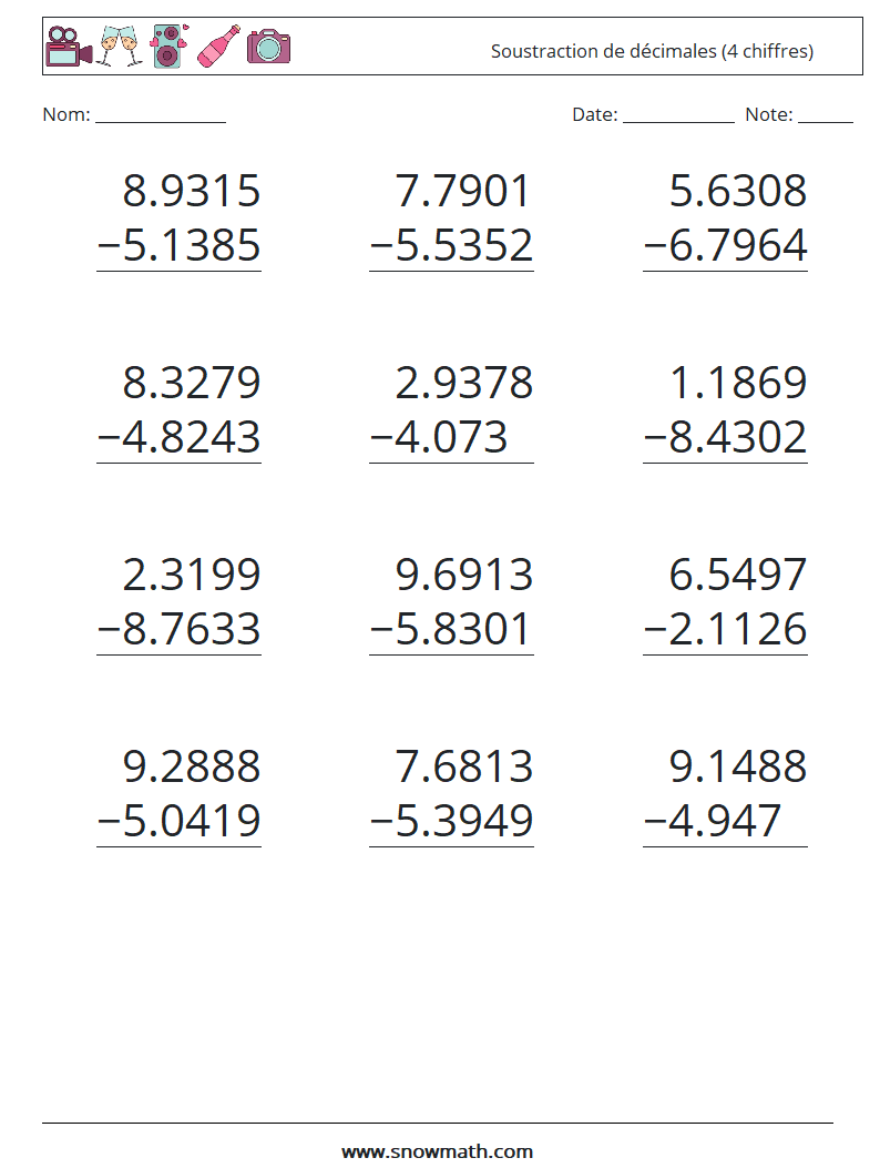 (12) Soustraction de décimales (4 chiffres) Fiches d'Exercices de Mathématiques 12