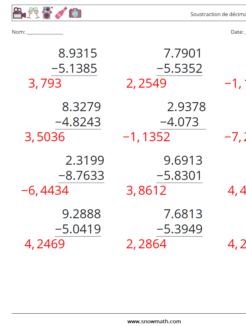 (12) Soustraction de décimales (4 chiffres) Fiches d'Exercices de Mathématiques 12 Question, Réponse