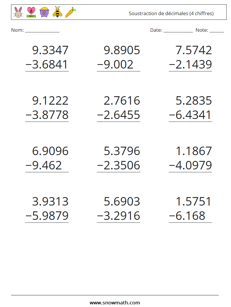 (12) Soustraction de décimales (4 chiffres) Fiches d'Exercices de Mathématiques 13