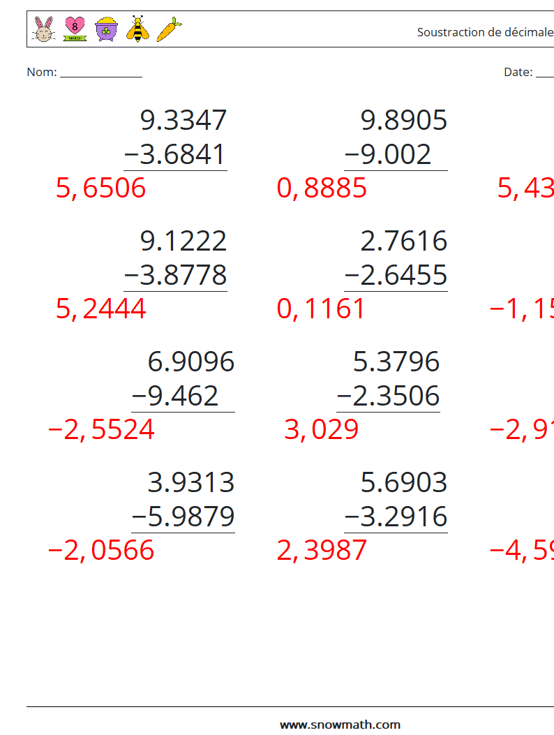 (12) Soustraction de décimales (4 chiffres) Fiches d'Exercices de Mathématiques 13 Question, Réponse