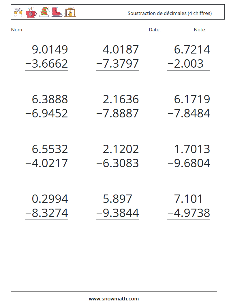 (12) Soustraction de décimales (4 chiffres) Fiches d'Exercices de Mathématiques 14