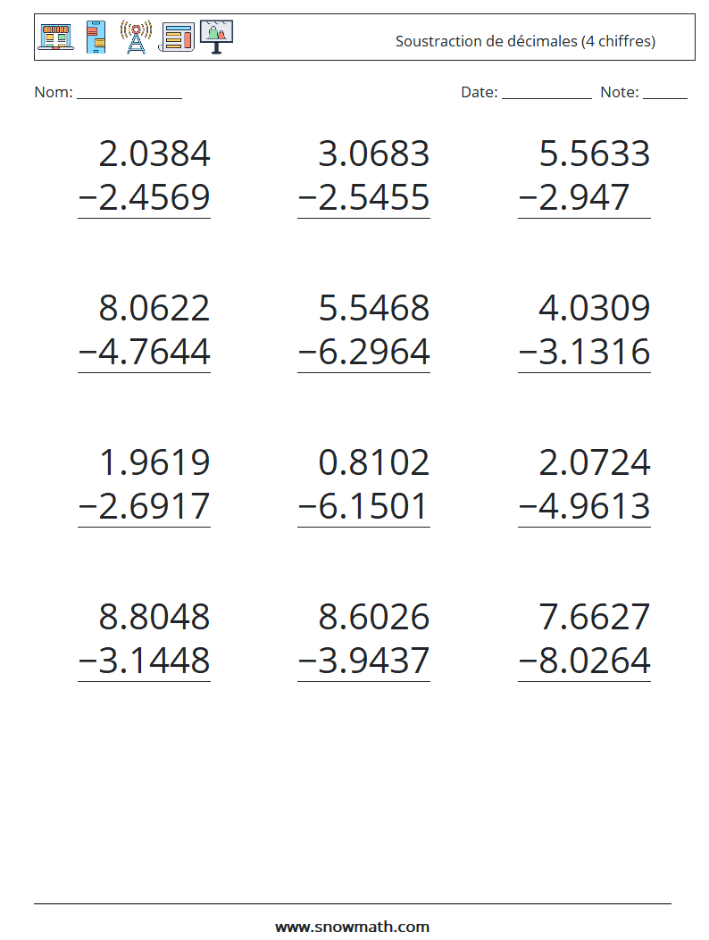 (12) Soustraction de décimales (4 chiffres) Fiches d'Exercices de Mathématiques 15