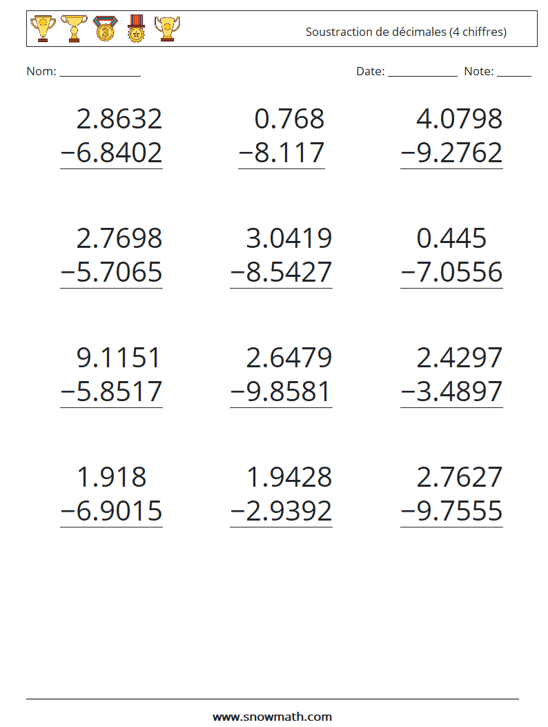 (12) Soustraction de décimales (4 chiffres) Fiches d'Exercices de Mathématiques 16