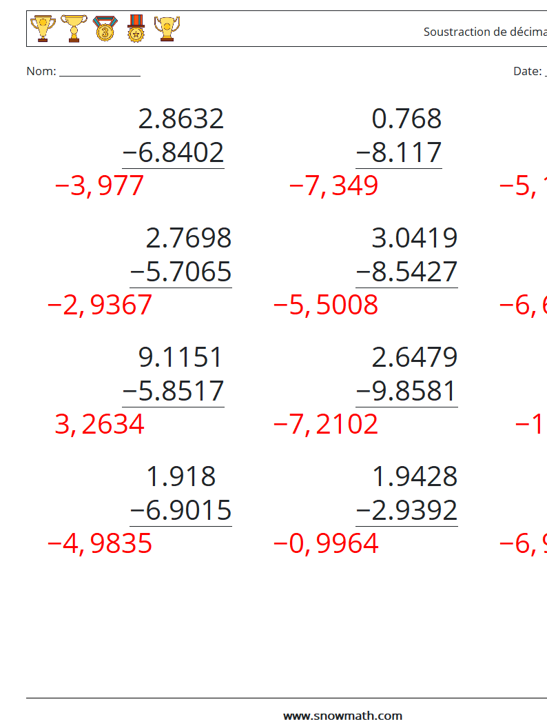 (12) Soustraction de décimales (4 chiffres) Fiches d'Exercices de Mathématiques 16 Question, Réponse