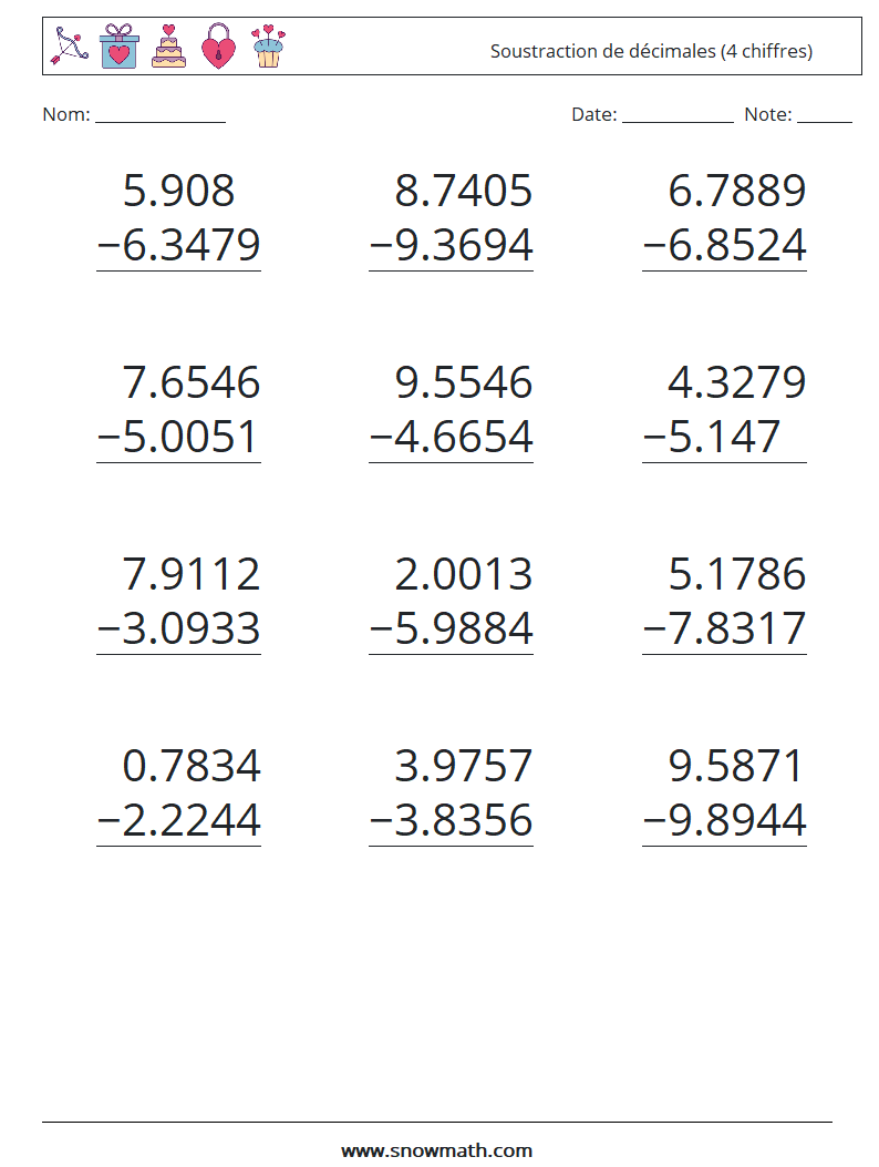 (12) Soustraction de décimales (4 chiffres) Fiches d'Exercices de Mathématiques 17