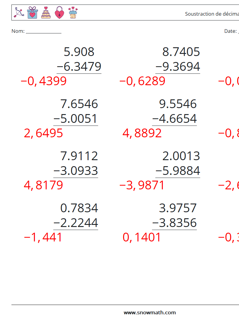 (12) Soustraction de décimales (4 chiffres) Fiches d'Exercices de Mathématiques 17 Question, Réponse