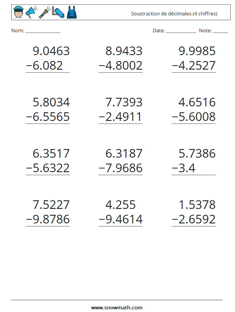 (12) Soustraction de décimales (4 chiffres) Fiches d'Exercices de Mathématiques 18