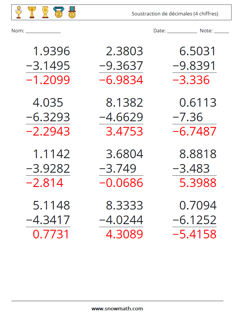 (12) Soustraction de décimales (4 chiffres) Fiches d'Exercices de Mathématiques 1 Question, Réponse