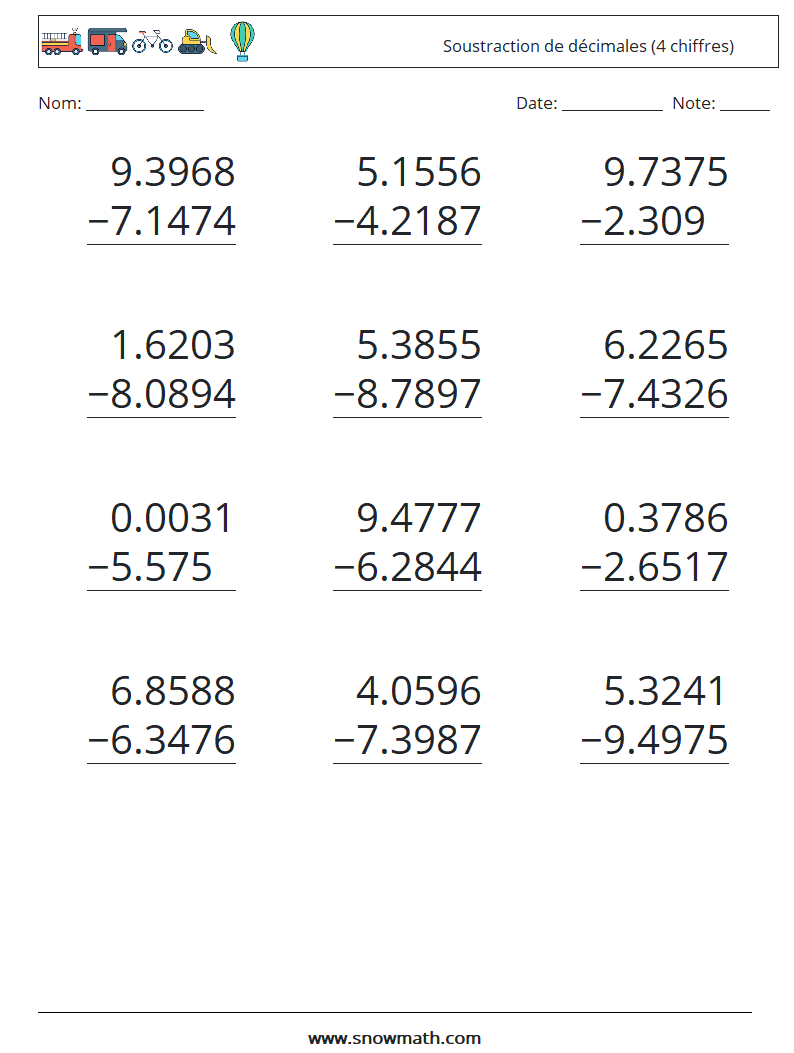 (12) Soustraction de décimales (4 chiffres) Fiches d'Exercices de Mathématiques 2